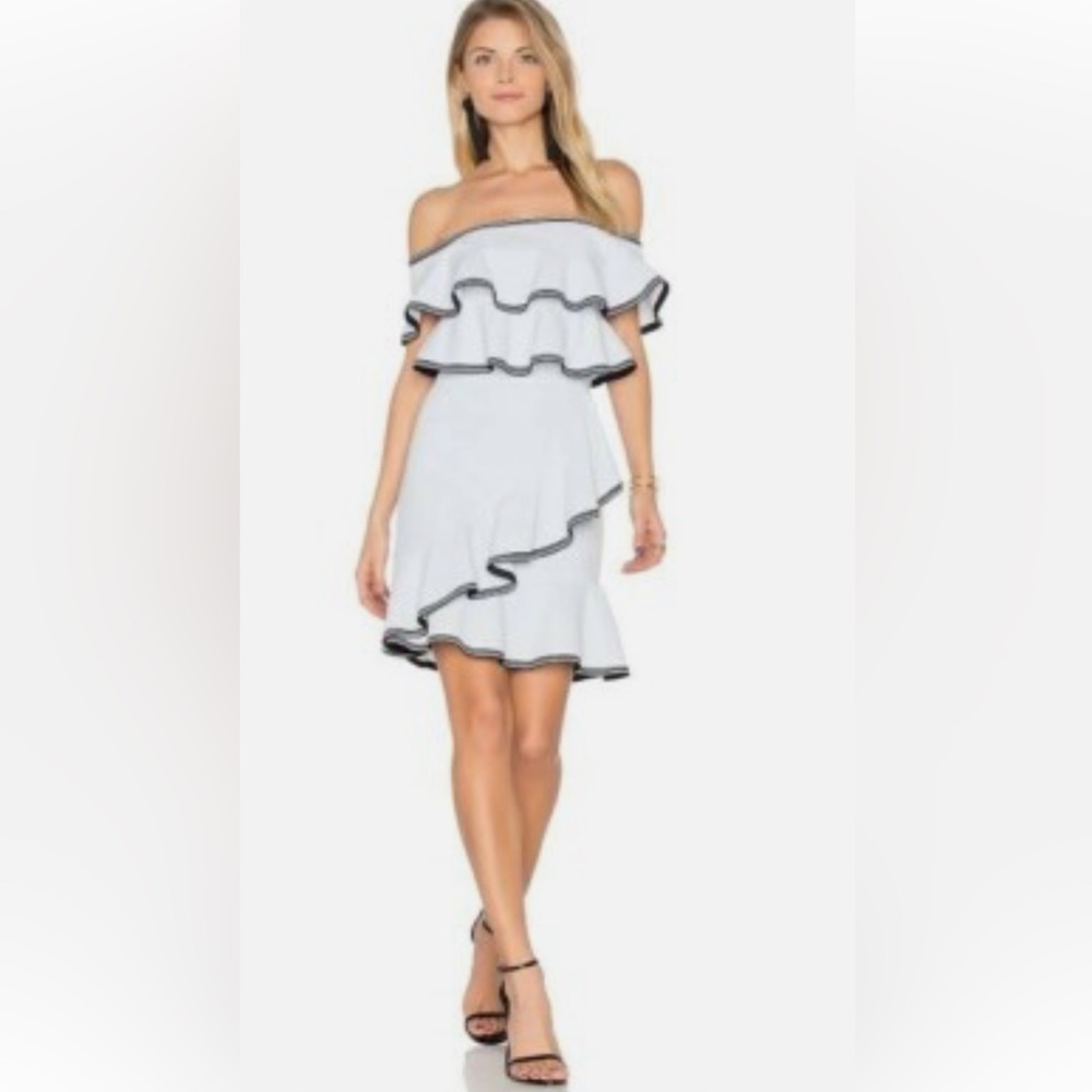 Storia Medium Off Shoulder Ruffle Dress White Black Trim Asymmetrical hem.
